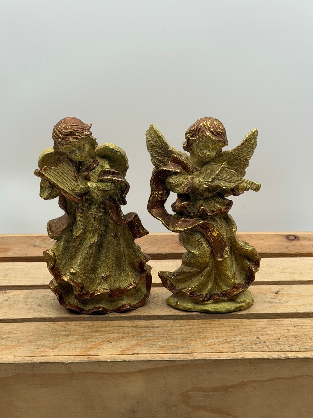 Vintage Gold Resin Cherub Angel Figurines - Playing Harp & Violin - 5.5" Pair